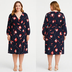 London‎ Time Plus Size Printed Faux-Wrap Dress Navy Rose Women's Size 2X